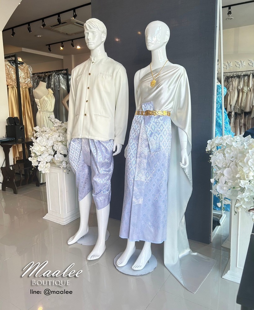 เช่า ชุดไทย ชุดเพื่อนเจ้าสาว ชุดไทยผ้าถุงสีชมพูฟ้าเงิน สไบเรียบสีเทาเงิน