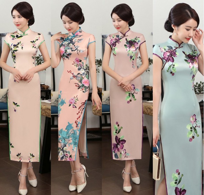 Pre-order กี่เพ้า สีชมพูกะปิ ลายดอกไม้ ผ้าซาติน กุ๊นขอบ ตัดเย็บอย่างดี