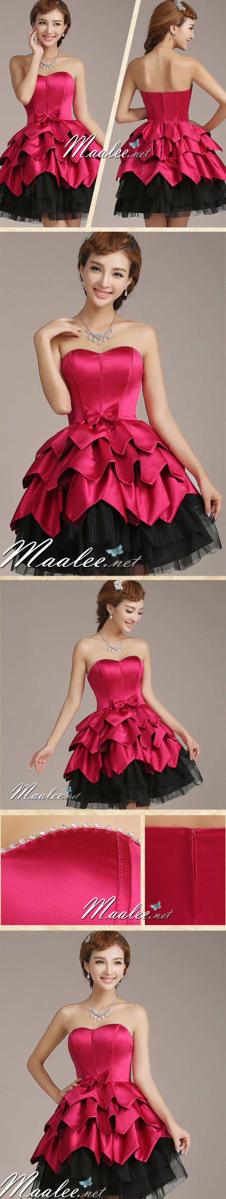 พร้อมเช่า ชุดแฟนซี ชุดราตรีสั้น เกาะอก แต่งเพชรช่วงอก กระโปรงทรงบอลลูน สีชมพู ดำ