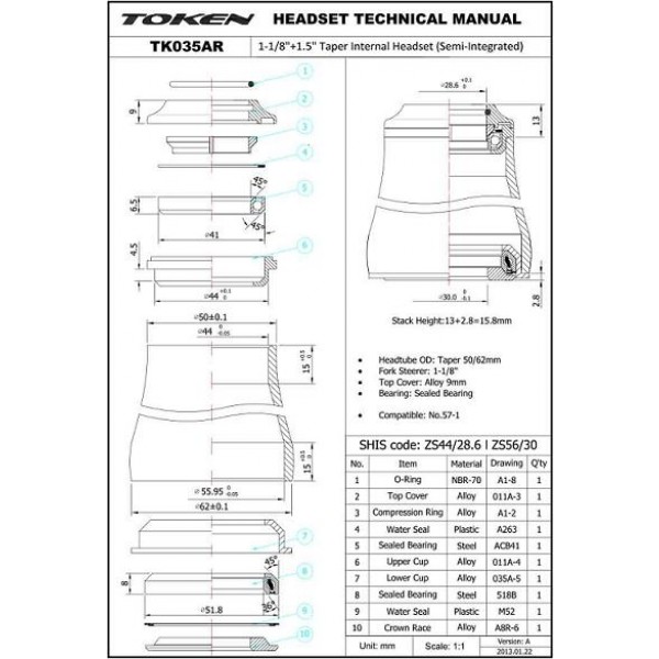 ถ้วยคอเทเปอร์ TOKEN TK035AR-56 บ่าเล็ก ถ้วยคอฝัง บ่าเล็ก บน1 1/8' แปลงล่าง 1 1/2' เป็น 1 1/8 ลูกปืนอย่างดี 44/56