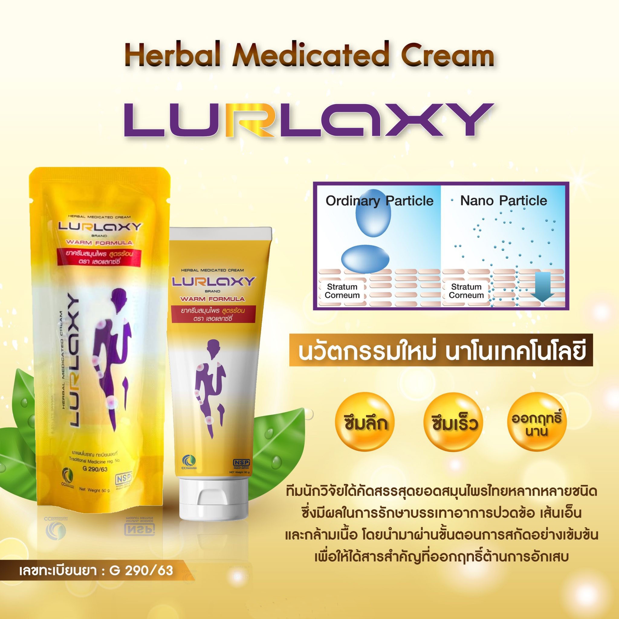 เลอแลกซ์ซี่ LURLAXY นวัตกรรมนาโนเทคโนโลยี่ ปวดข้อกล้ามเนื้อ เส้นเอ็น เนื้อครีมบางเบา ซึมลึกซึมเร็ว ออกฤทธิ์นาน ไม่เหนียวเหนอะหนะ