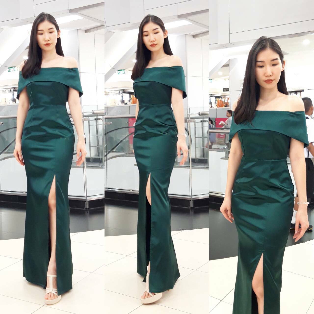 พร้อมเช่า ชุดเดรสยาว ราตรียาว ไปล่ปาด ผ้าดัชเชส แพทเทินเก๋ กระโปรงผ่าหน้า สีกรมท่า (สีอื่นตามรูป)