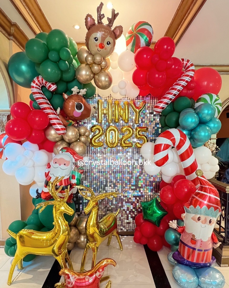 Organic Backdrop Chrismas ฉากวิบวับสีเงิน ขนาด 1.5x2.4 เมตร Theme Chrismas พร้อม ฟอยล์ตกแต่งใหญ่ 12 ชิ้น , ฟอยล์อักษร ขนาด16" 7 ชิ้น พร้อมตกแต่ง สามารถเปลี่ยนสีลูกโป่ง/เปลี่ยนฟอยล์ตกแต่งได้