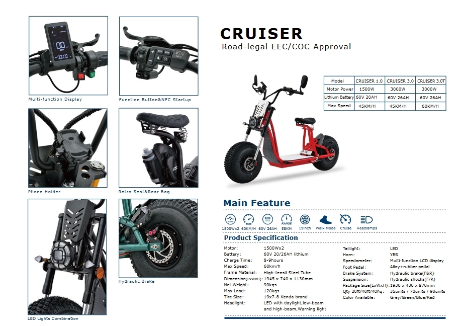 สกู๊ตเตอร์ไฟฟ้า MAXMOV รุ่น CRUISER Off-road Fat Tyre Chopper Scooters Electric Citycoco Motorcycle Electric Scooter,มอเตอร์ 3000W EEC ยางใหญ่ 19 นิ้ว ปี 2023