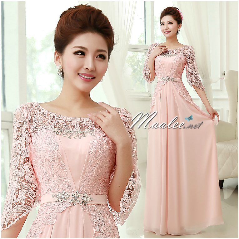 พร้อมเช่า ชุดราตรียาว สี ฟ้าเข้ม แขนสามส่วน แต่งลูกไม้ จับเดรปทรงนาฬิกาทราย (L-3XL)