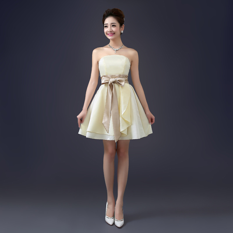 พร้อมส่ง ชุดราตรีสั้น เกาะอก สีครีม ผ้าซาติน คาดเอวสีทอง เรียบหรู