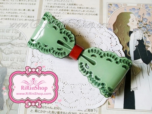 BoBo Collection กิ๊บสปริงโบว์ลายฉลุ ขนาดใหญ่ สีเขียว