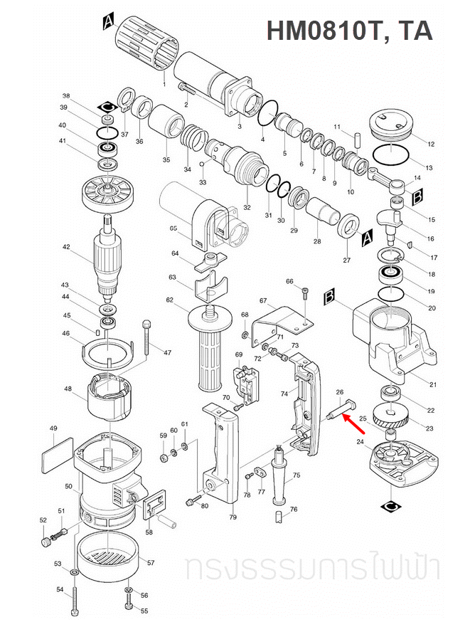 น๊อตยึดด้าม สกัดไฟฟ้า, แย็ก Makita-มากีต้า HM1201 [#44], HM0810 [#28], HM0810T, TA [#26] Pn.321210-9 (แท้) ## (**)