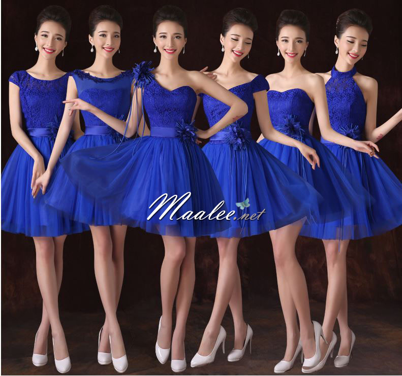 พร้อมเช่า ชุดราตรีสั้น ชุดเพื่อนเจ้าสาว แบบ F ไหล่ปาด อกแต่งลูกไม้ พร้อมเข็มกลัดดอกไม้ (เชือกผูกหลัง )