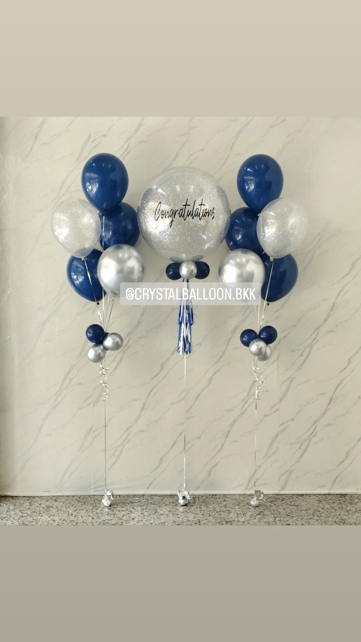 ลูกโป่ง แสดงความยินดี Bubble ขนาด 24" กลิตเตอร์สีเงิน 1 ลูก พร้อม ช่อลูกโป่ง ช่อ 5 ลูก 2 ช่อ พร้อมตกแต่ง สามารถเปลี่ยนสีลูกโป่ง/เปลี่ยนข้อความ/เปลี่ยนขนาดได้