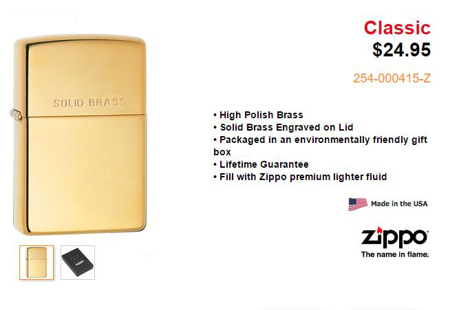 ไฟแช็ค Zippo แท้ สีทองอร่าม สลัก Solid Brass " Zippo 254 Regular High Polished Brass" แท้นำเข้า 100%