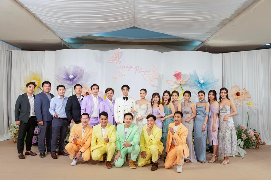 พร้อมเช่า ชุดสูทชาย สีส้มพาสเทล 1 กระดุม (พร้อมเสื้อกั๊ก) ผ้า Cotton twill 100% ทอลายในตัว