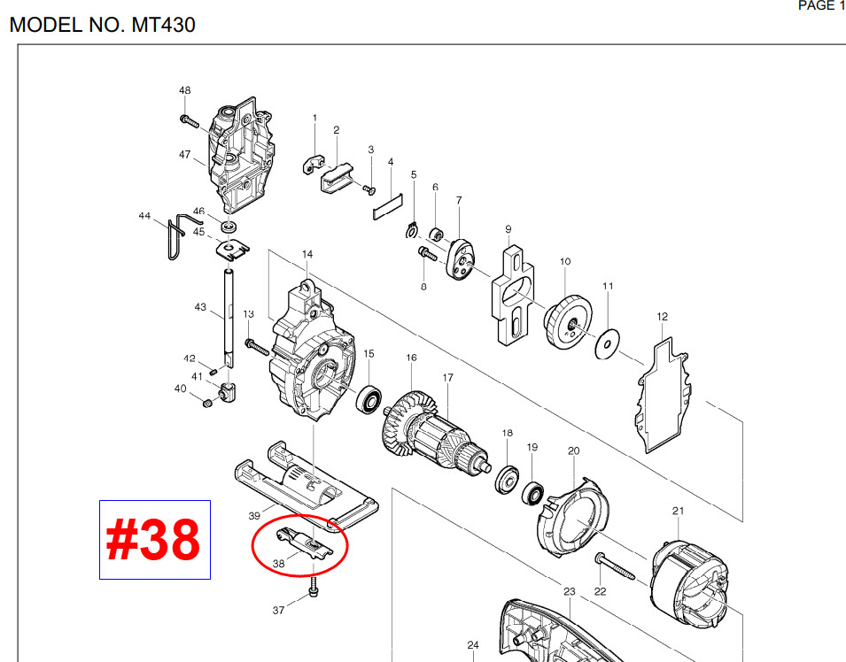 ล้อประคอง+ก้าน เลื่อยจิ๊กซอว์ มาคเทค Maktec , Makita มากีต้า รุ่น MT430, M4302, M4302B #38 Pn.158869-7 (แท้) #G11