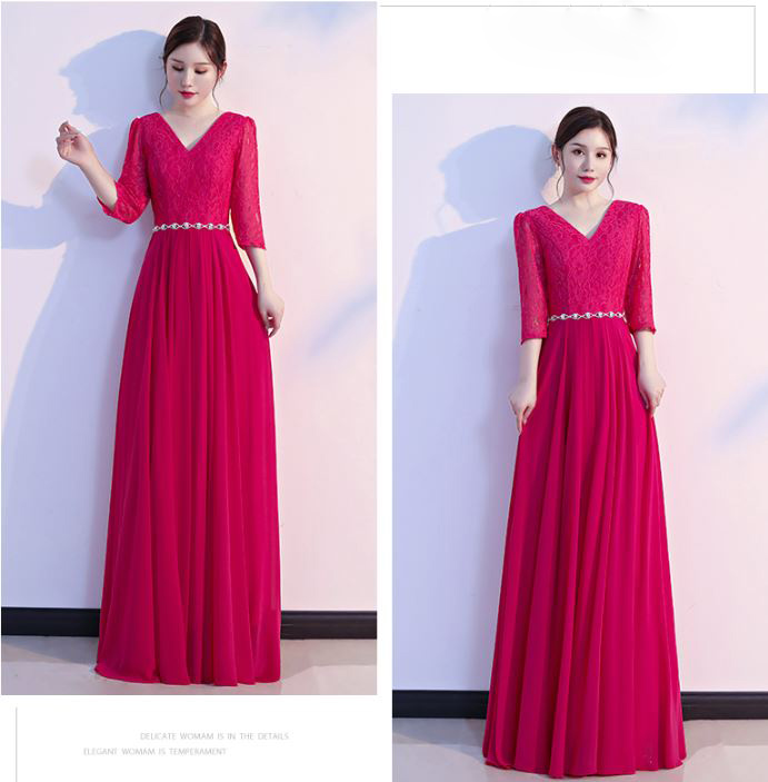 พร้อมเช่า ชุดราตรียาว สีชมพู บานเย็น ไซส์ใหญ่ แขนสามส่วน แต่งลูกไม้ กระโปรงผ้าชีฟอง เอวแต่งเพชร มีไซส์ XL - 3XL