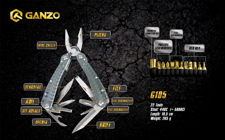 คีมอเนกประสงค์ Multi-Tools Ganzo รุ่น G105 สีเงินไทเทเนี่ยม ของแท้ 100%
