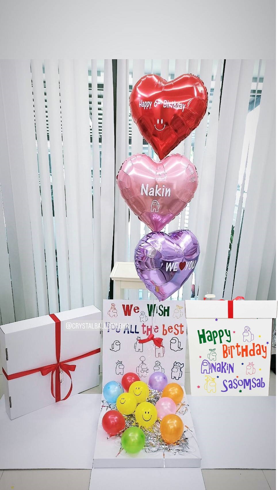 Surprise Box กล่องเซอร์ไพรส์วันเกิด ฟอยล์หัวใจ 3 ชิ้น สีแดง-สีชมพู-สีม่วง พร้อมตกแต่ง สามารถใส่รูปได้ 2 ใบ สามารถเปลี่ยนสี-ฟอยล์ตกแต่ง/เปลี่ยนข้อความได้