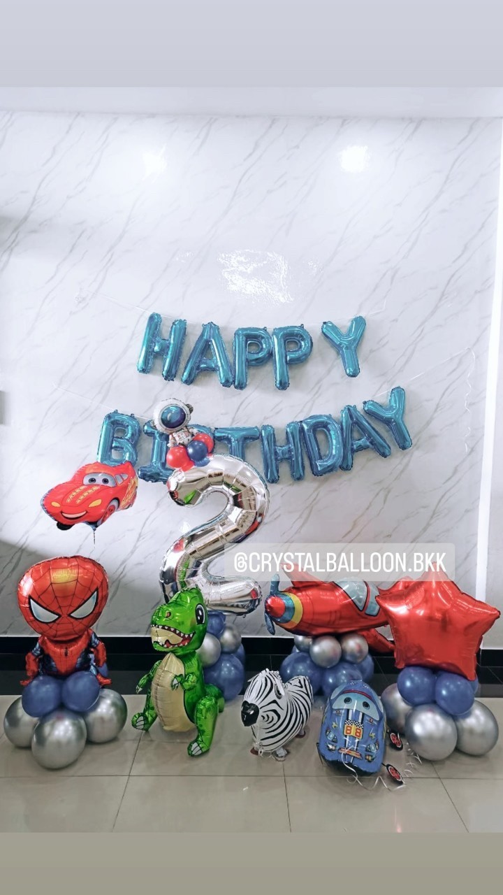 ลูกโป่ง วันเกิดเด็ก Theme เครื่องบิน,Spider Man พร้อม ฟอยล์ตัวอักษร Happy Birthday สีน้ำเงิน พร้อมตกแต่ง ฟอยล์ตัวเลข ขนาด 40" ตั้งฐาน,ฟอยล์ลากจูง สามารถเปลี่ยนสีลูกโป่ง/เปลี่ยนสี-ฟอยล์ตัวเลข-ฟอยล์ตัวอักษร/เปลี่ยนฟอยล์ตกแต่งได้