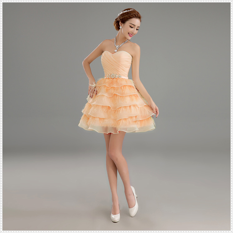 พร้อมเช่า ชุดแฟนซี ชุดราตรีสั้น สีโอรส เกาะอก กระโปรงระบายเป็นชั้น ๆ ซิปหลัง