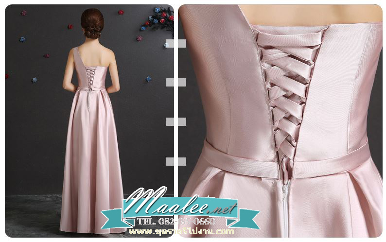 พร้อมเช่า ชุดราตรียาว ชุดเพื่อนเจ้าสาว สีชมพู Pastel แบบ F ไหล่เดียว ผ้าซาติน มีโบว์ช่วงเอว (เชือกผูกด้านหลัง)