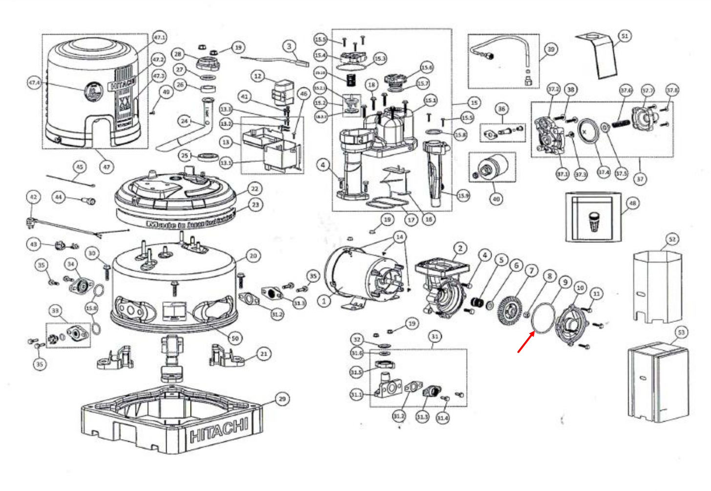 #B9 แหวนยางรองฝาครอบใบพัด 67mm. ปั้มน้ำ ฮิตาชิ Pn.3PPR060631 (แท้)