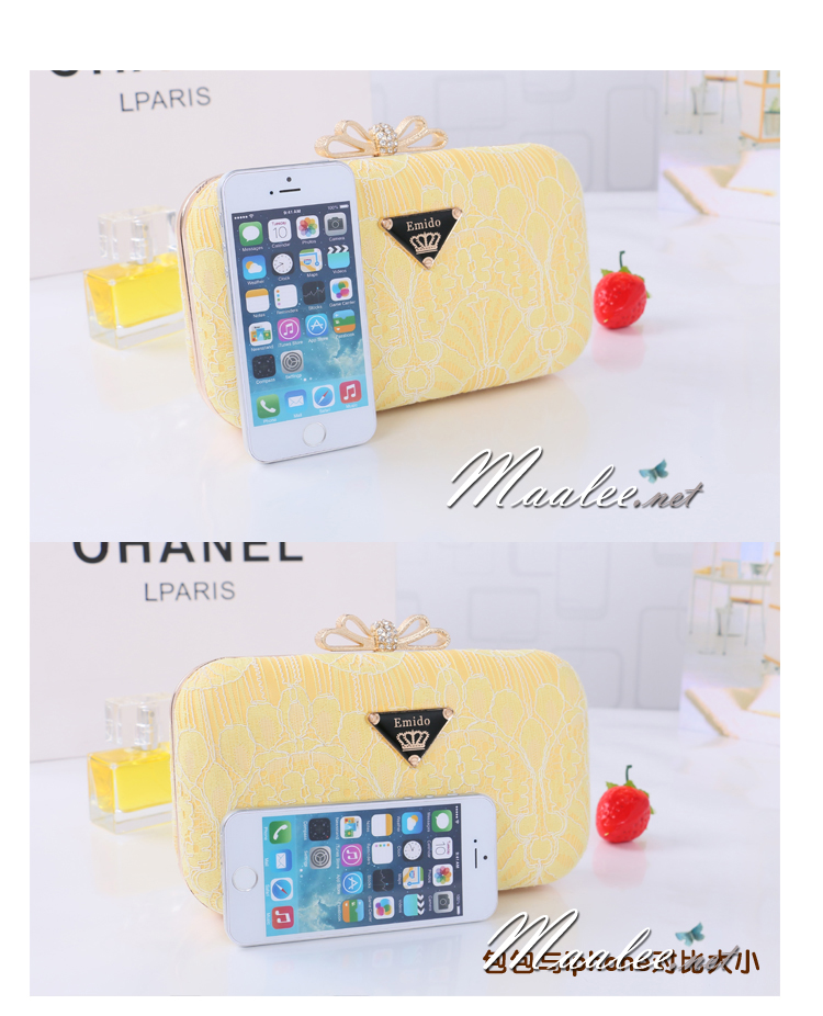 พร้อมส่ง Evening Clutch กระเป๋าออกงาน Emido ทรงสี่เหลี่ยม แบบลูกไม้เรียบหรู สีดำ จุกเปิดเก๋ๆรูปโบว์มีเพชร มาพร้อมสายสะพายยาว