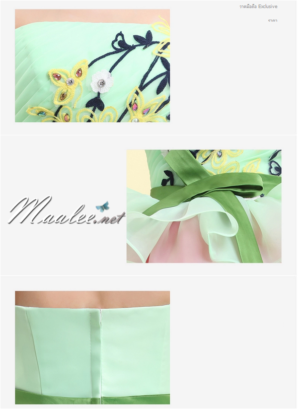 พร้อมเช่า ชุดแฟนซี ชุดราตรีสั้น เกาะอก สีเขียว กระโปรงระบายสีชมพูหวาน อกจับจีบแต่งลายสวย