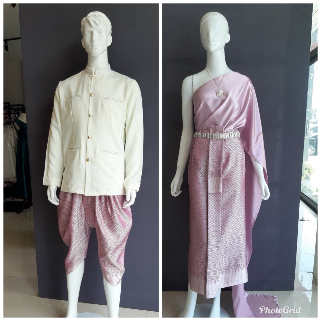 ชุดไทย ชุดเพื่อนเจ้าสาว ชุดไทยผ้าซิ่นสีม่วง สไบเรียบสีกะปิ