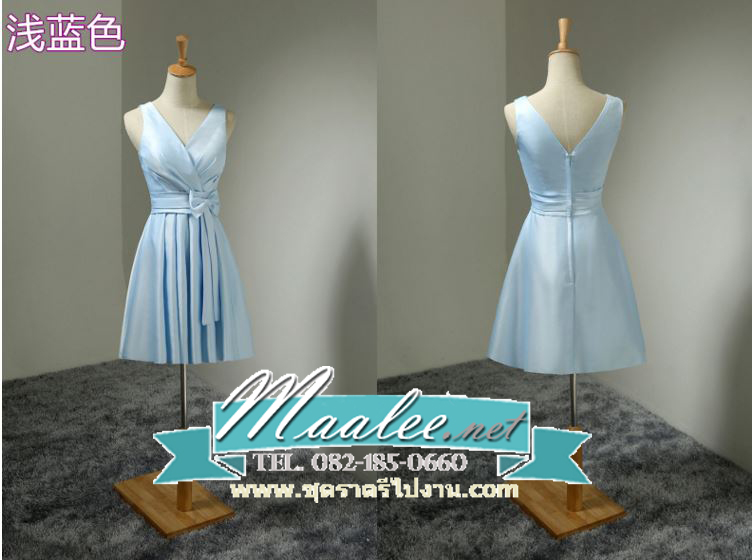 พร้อมเช่า ชุดราตรีสั้น แขนกุด สีฟ้า ผ้าซาติน คาดเอวสีฟ้า แต่งโบว์ตรงเอว