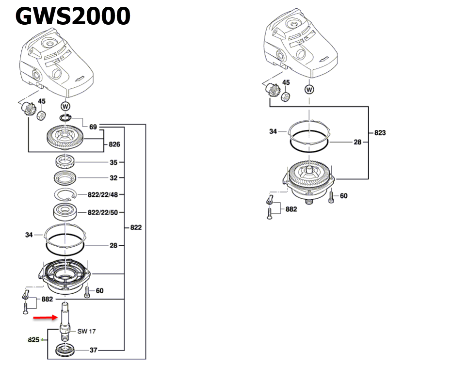 เพลาเครื่องเจียระไน Bosch บอช GWS2000 [#825] Pn.1619P15297 (แท้-สั่ง)