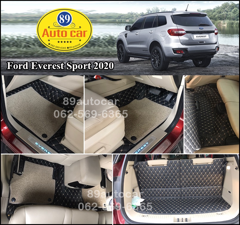 พรมราคาถูก Ford Everest 2016-2021 ปูพรม7D สีดำด้ายทอง + ไวนิลสีครีม เข้ารูป เต็มคัน