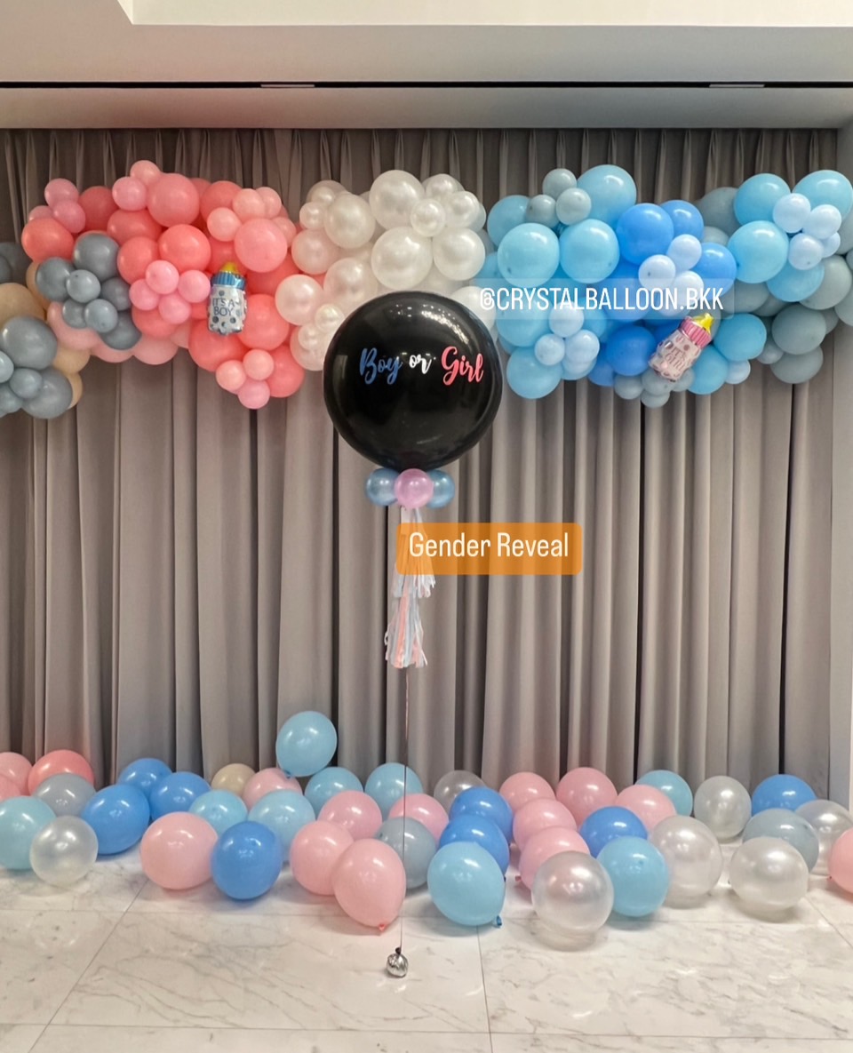 Organic Gender Reveal Theme พาสเทล ขนาด 4 เมตร พร้อม ลูกโป่งยาง ขนาด 24" สีดำ พร้อมตกแต่ง ลูกโป่งโปรยพื้น 50 ลูก สามารถเปลี่ยนสีลูกโป่ง/เปลี่ยนข้อความ/เปลี่ยนขนาดได้
