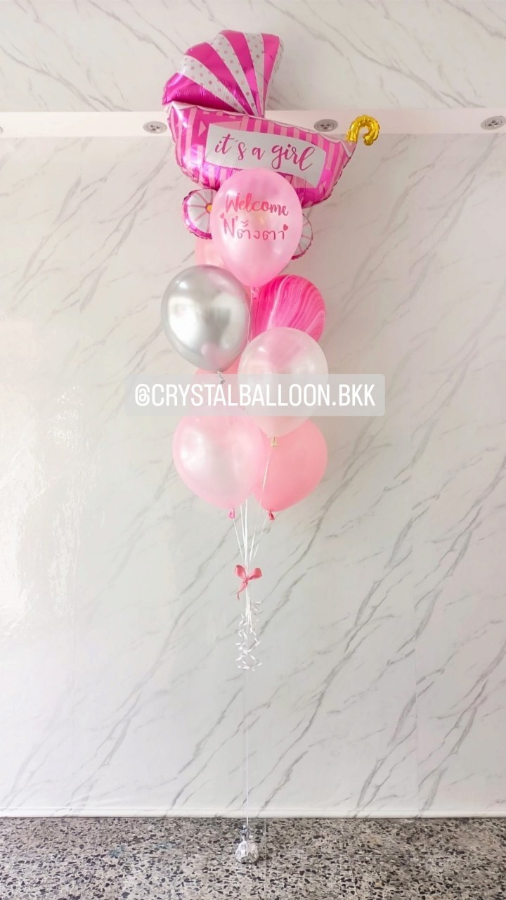ลูกโป่ง Welcome Baby Girl ช่อลูกโป่งฟอยล์รถเข็นชมพู ช่อ 9 ลูก 1 ช่อ พร้อมตกแต่ง ลูกโป่งลายหิน USA 1 ลูก สามารถเปลี่ยนสีลูกโป่ง/เปลี่ยนข้อความ/เปลี่ยนสี-ฟอยล์ตกแต่งได้