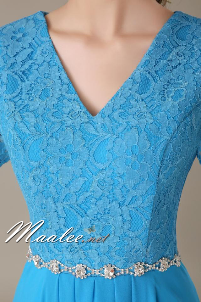 พร้อมส่ง ชุดราตรียาว สีฟ้า ไซส์ใหญ่ แขนสามส่วน แต่งลูกไม้ กระโปรงผ้าชีฟอง เอวแต่งเพชร ** มีไซส์ 2XL- 9XL (อก48 เอว42) **