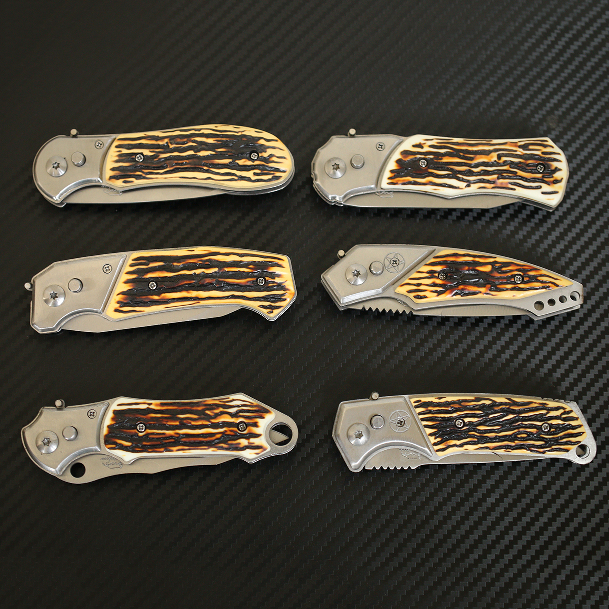 มีดพับสปริง #JR01 STAINLESS ขนาดกลาง พกพา ด้ามลายเขาสัตว์เทียม ราคาประหยัด