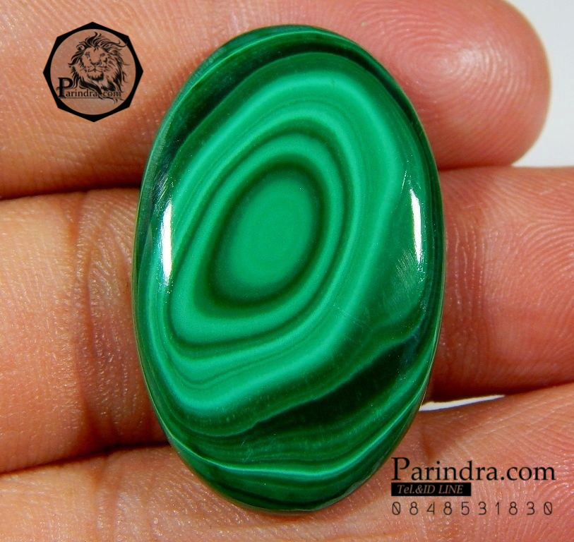 หินแร่มาลาไคท์ Malachite ขัดมันทรงกลมรี รูปไข่ ลวดลายสวยงาม ขนาด 36 กะรัต #MLC 007
