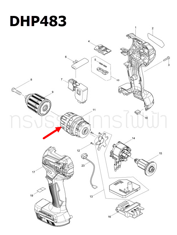 GEAR ASSEMBLY ไขควงกระเเทกไร้สาย Makita มากีต้า DHP483, PH05R1, PH05Z, XPH11RB, XPH11ZB Pn.123867-0 (แท้) ## (*)