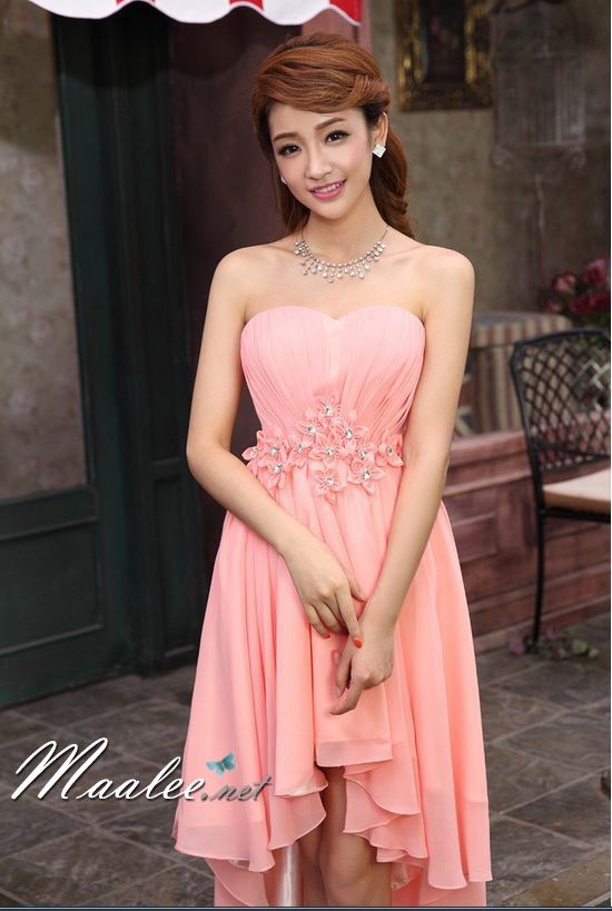 พร้อมส่ง ชุดราตรีสั้น เดรสสั้น แต่งดอกเพิ่มคริสตัล สีโอโรส