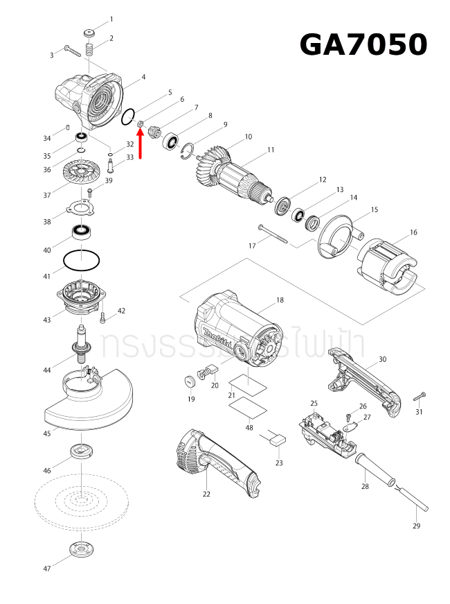 น็อต M7 หินเจียร 5 นิ้ว มากีต้า Makita GA5010, GA5020, GA6020,GA7050 [#6] Pn.264010-3 (แท้) ##