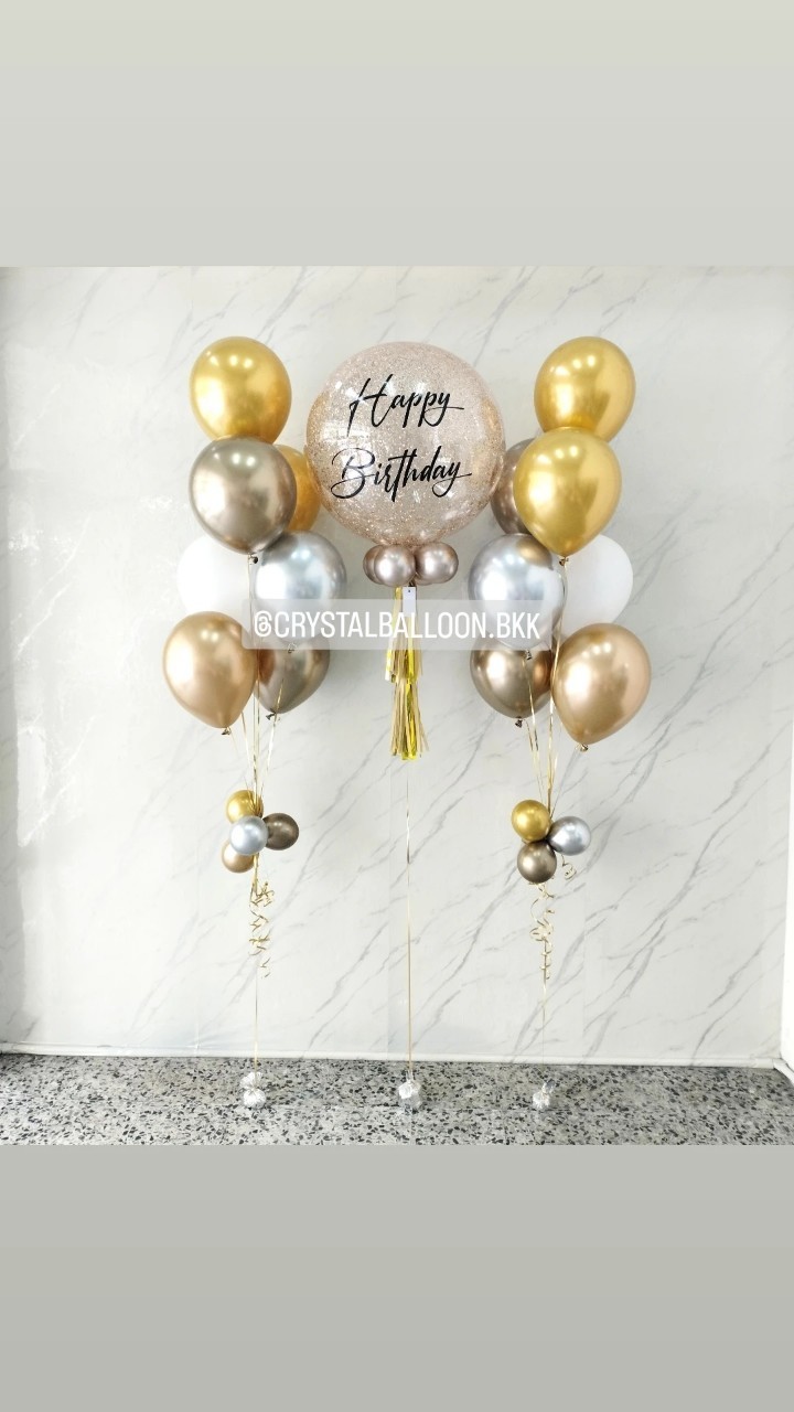 ลูกโป่ง วันเกิด Bubble ขนาด 24" กลิตเตอร์สีแชมเปญ 1 ลูก พร้อม ช่อลูกโป่งสีโครเมี่ยม ช่อ 7 ลูก 2 ช่อ พร้อมตกแต่ง สามารถเปลี่ยนสีลูกโป่ง/เปลี่ยนข้อความ/เปลี่ยนขนาดได้