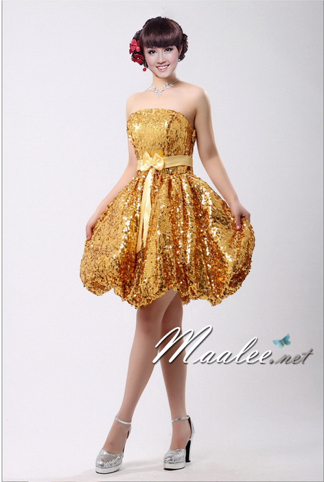 พร้อมเช่า ชุดราตรีสั้น เกาะอก สีทอง Glitter กระโปรงทรง Balloon