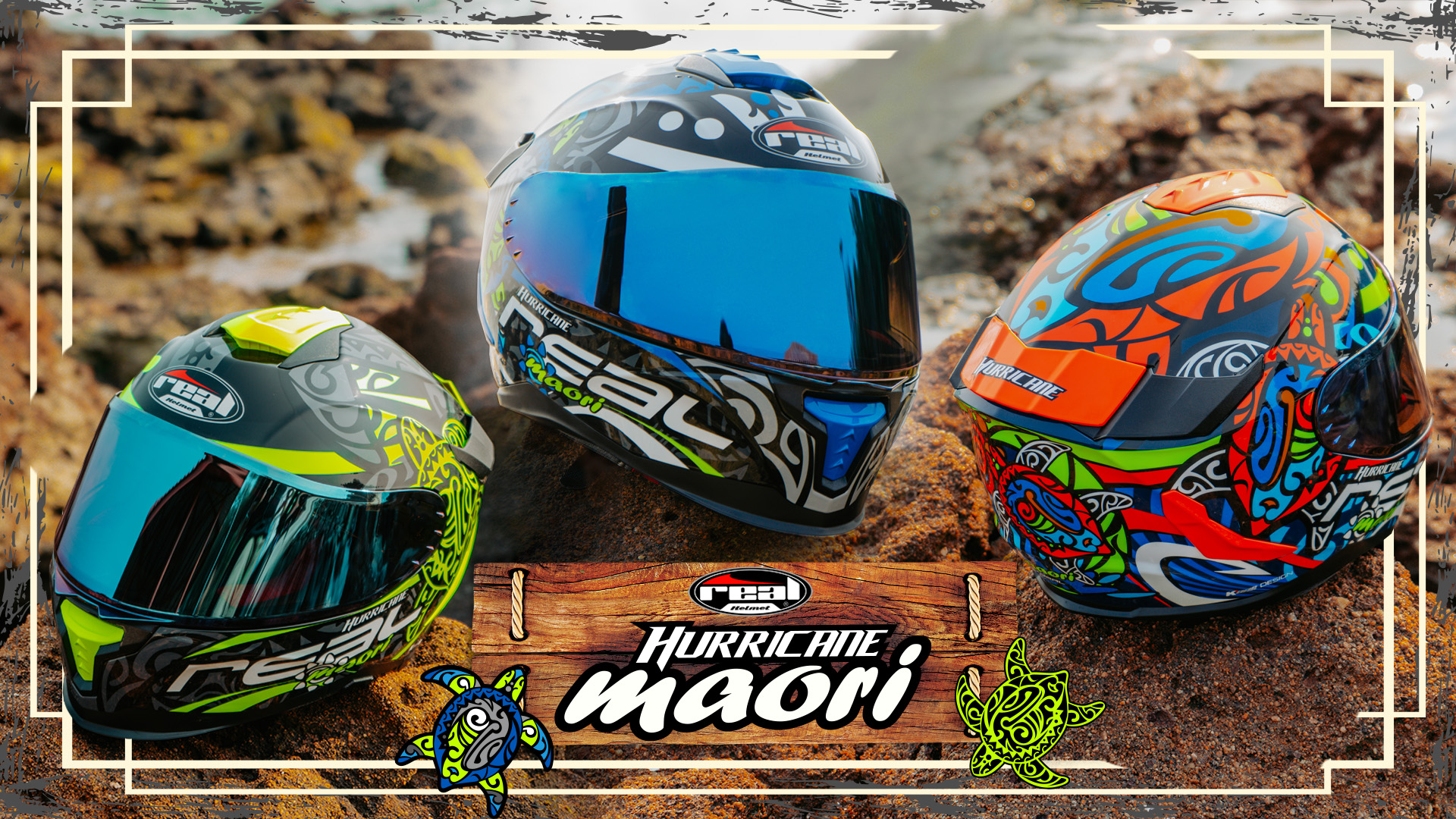 หมวกกันน็อคเต็มใบ หมวกกันน็อค Real Helmets รุ่น Hurricane Maori สีดำ-เหลือง