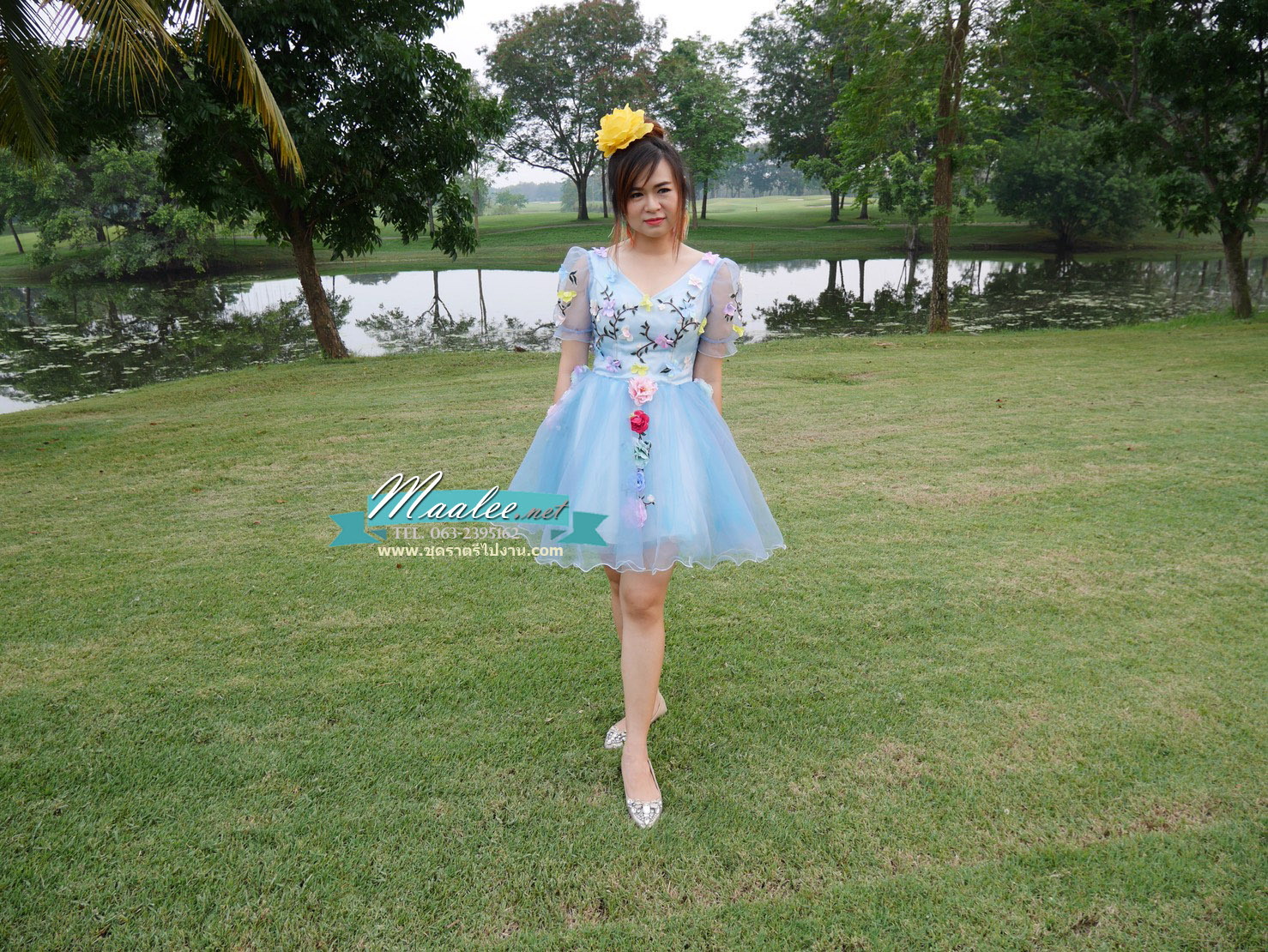 พร้อมเช่า ชุดแฟนซีสั้น สีฟ้า แขนยาว แต่งดอก Fairy สไตล์เจ้าหญิง กระโปรงพองสวยชายย้วย เชือกผูกหลัง