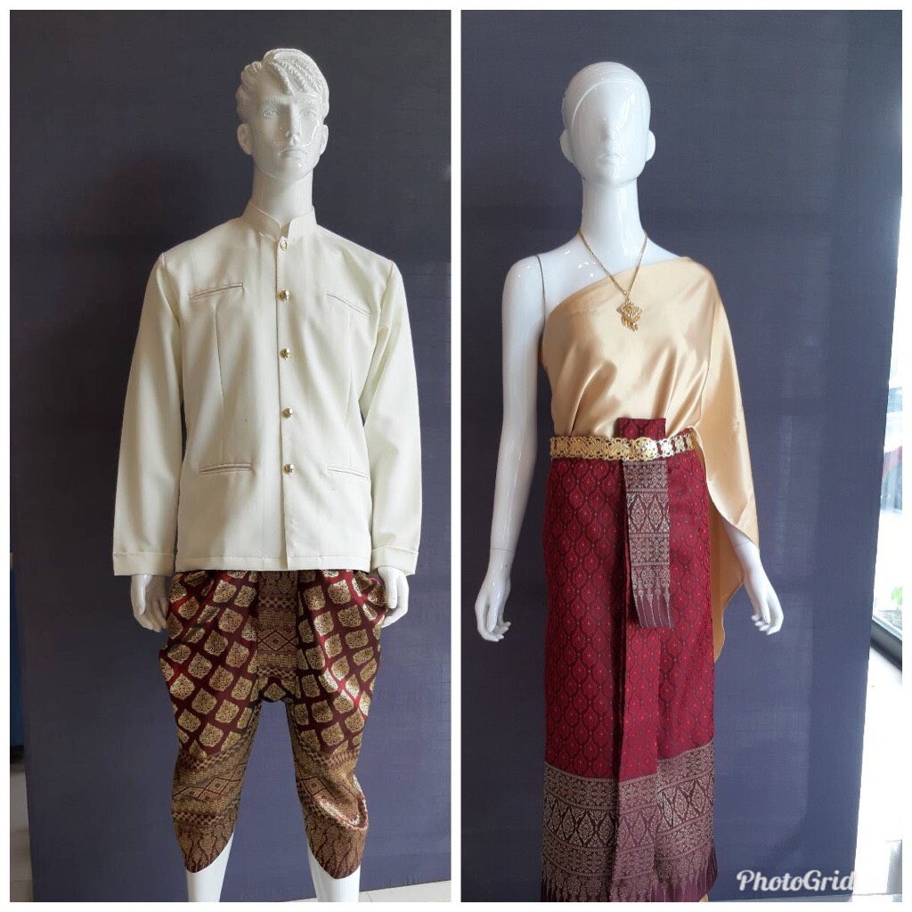 เช่า ชุดไทย ชุดเพื่อนเจ้าสาว ชุดไทยผ้าถุงสีแดง สไบเรียบสีทอง