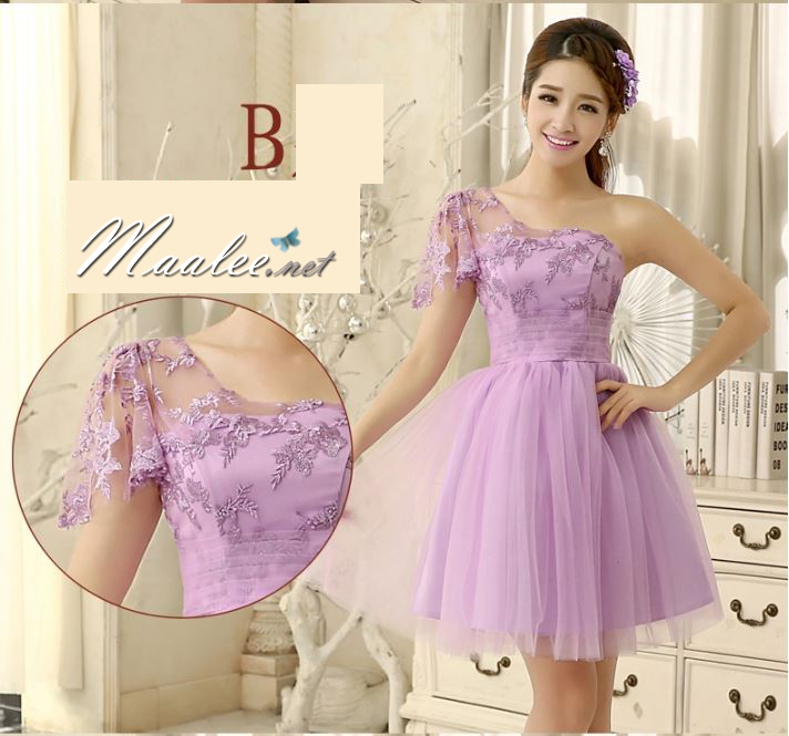 พร้อมส่ง ชุดราตรีสั้น ชุดเพื่อนเจ้าสาว ไหล่เดียว สีม่วง Purple Pp-001B