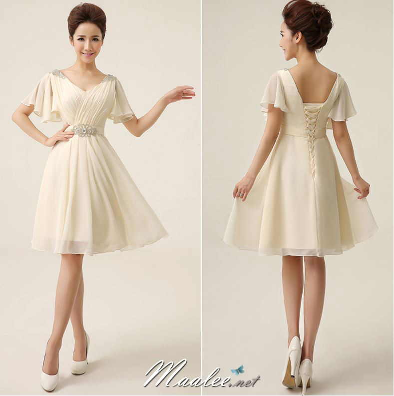 พร้อมเช่า ชุดราตรีสั้น แขนย้วย สีครีม Champagne ผ้าชีฟอง แต่งคริสตัลหรู ช่วงเอวกับไหล่ (เชือกผูก)