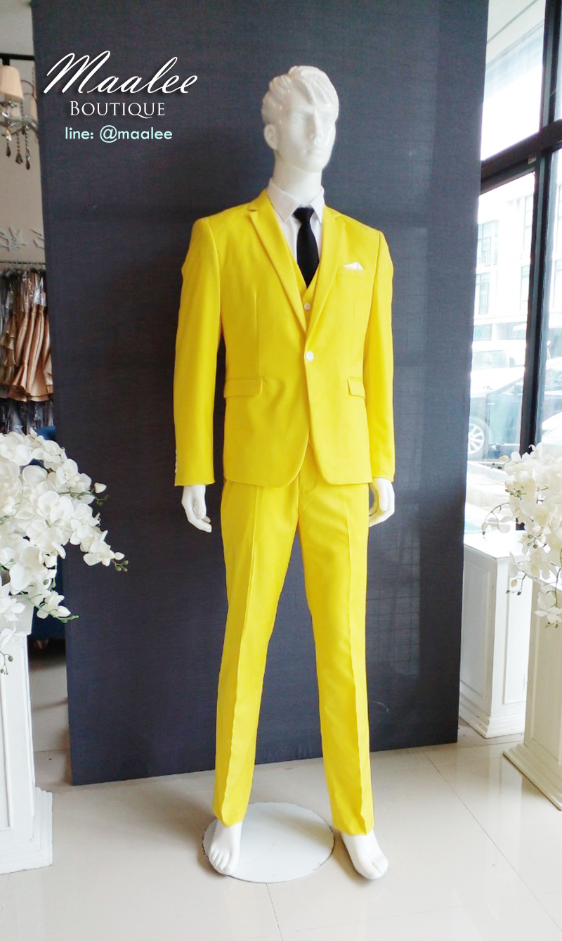 พร้อมเช่า ชุดสูทชาย สีเหลือง Bright Yellow 3-piece Suit พร้อมเสื้อกั๊ก