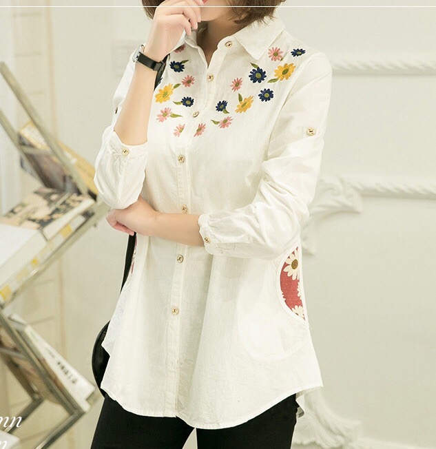 เสื้อเชิ้ตแขนยาวปักลายดอกไม้