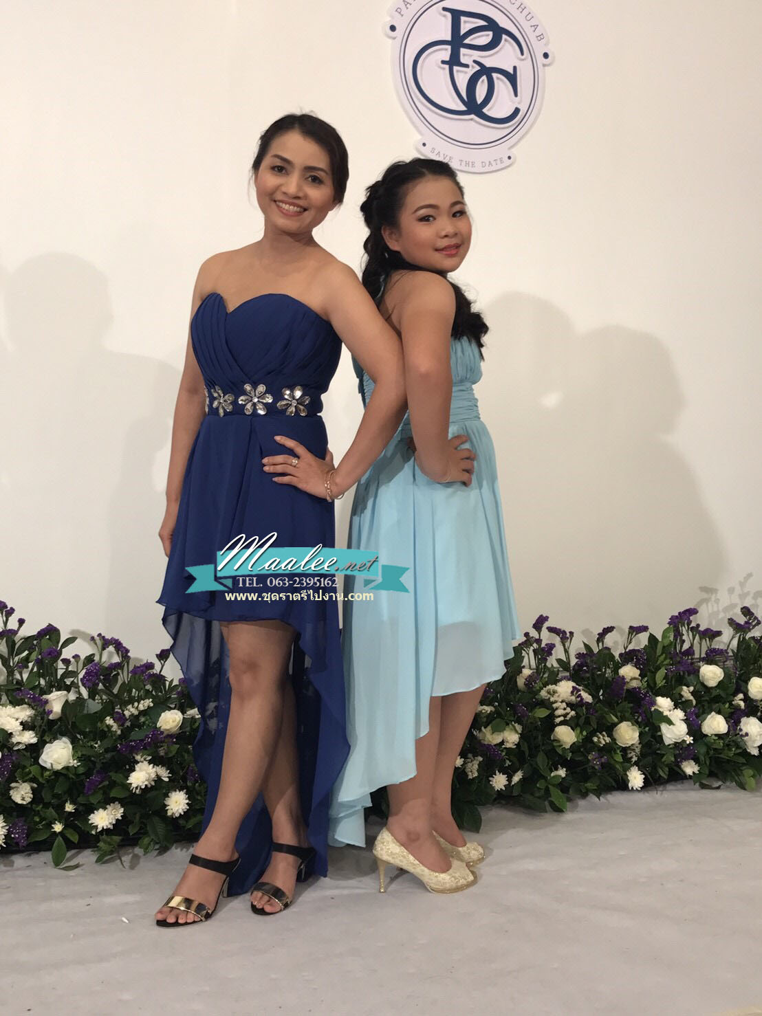 พร้อมเช่า ชุดราตรีสั้น เกาะอก หน้าสั้นหลังยาว สีน้ำเงิน ผ้าชีฟอง เรียบหรูแต่งเพชรช่วงเอว
