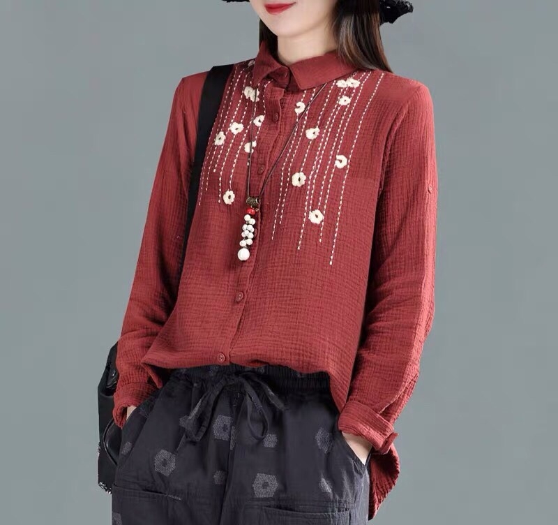 เสื้อเชิ้ตผ้าฝ้ายนุ่มปักลาย