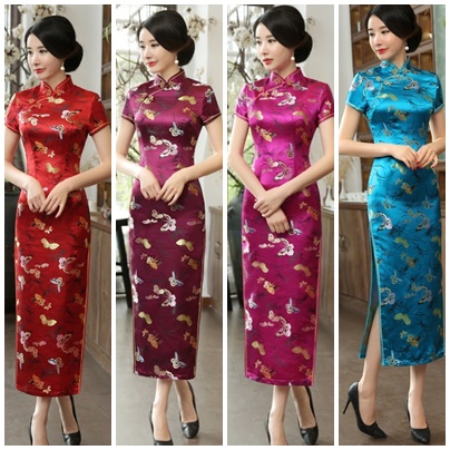 Pre-order กี่เพ้า สีไวน์แดง ลายผีเสื้อ ผ้าไหมจีน กุ๊นขอบ ตัดเย็บอย่างดี